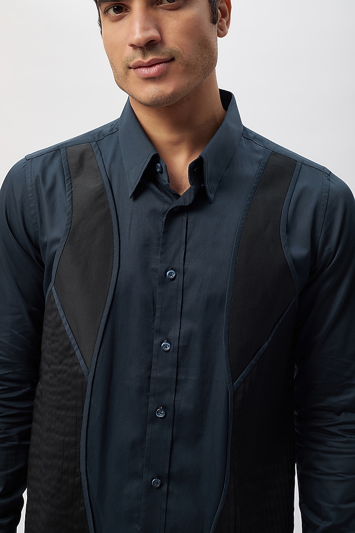 Blue & Black Cotton Patchwork Party Wear Shirt by Label Mukund Taneja at Pernia's Pop Up Shop