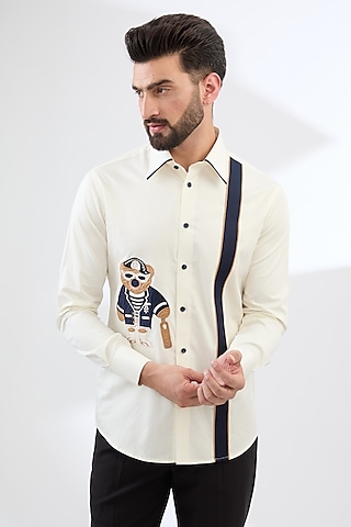 Ivory Satin Cotton Embroidered Shirt by Label Mukund Taneja