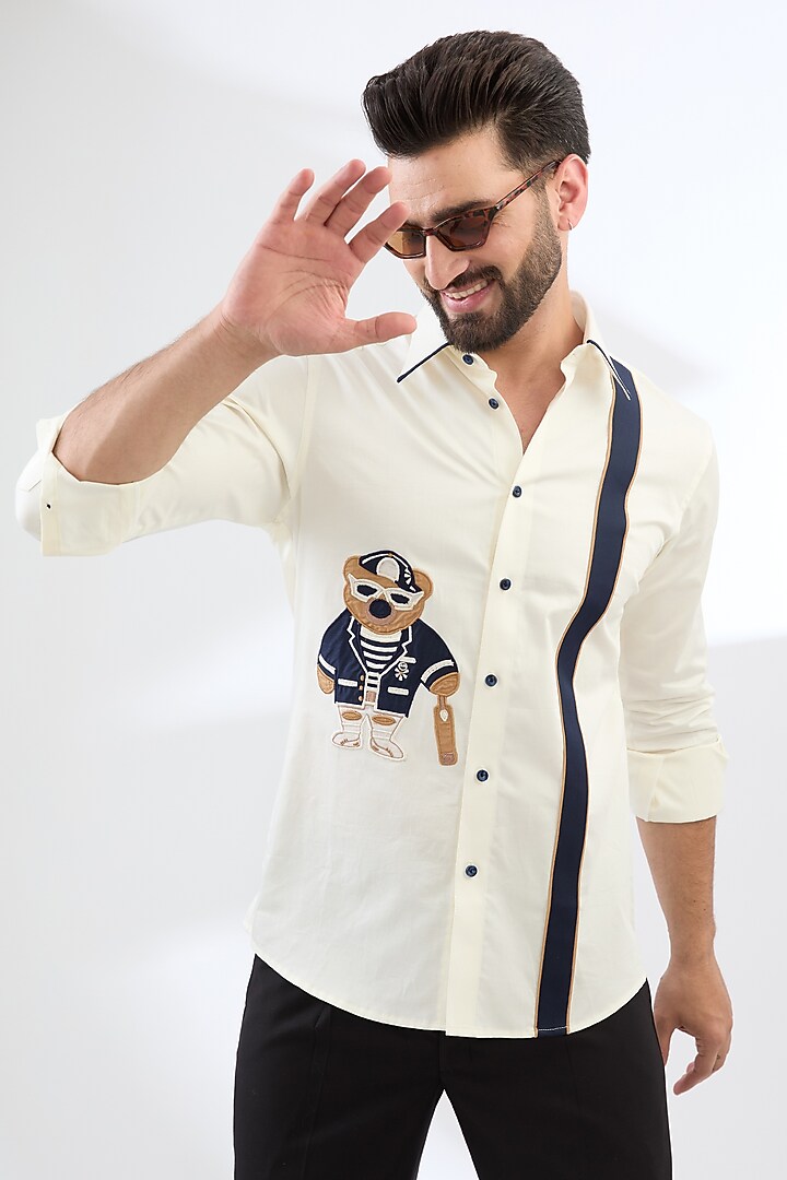 Ivory Satin Cotton Embroidered Shirt by Label Mukund Taneja at Pernia's Pop Up Shop