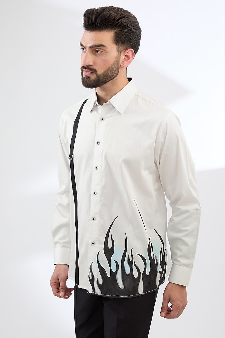 White Satin Cotton Hand Painted Shirt by Label Mukund Taneja