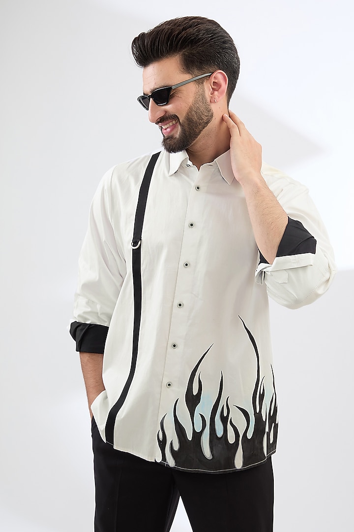 White Satin Cotton Hand Painted Shirt by Label Mukund Taneja at Pernia's Pop Up Shop