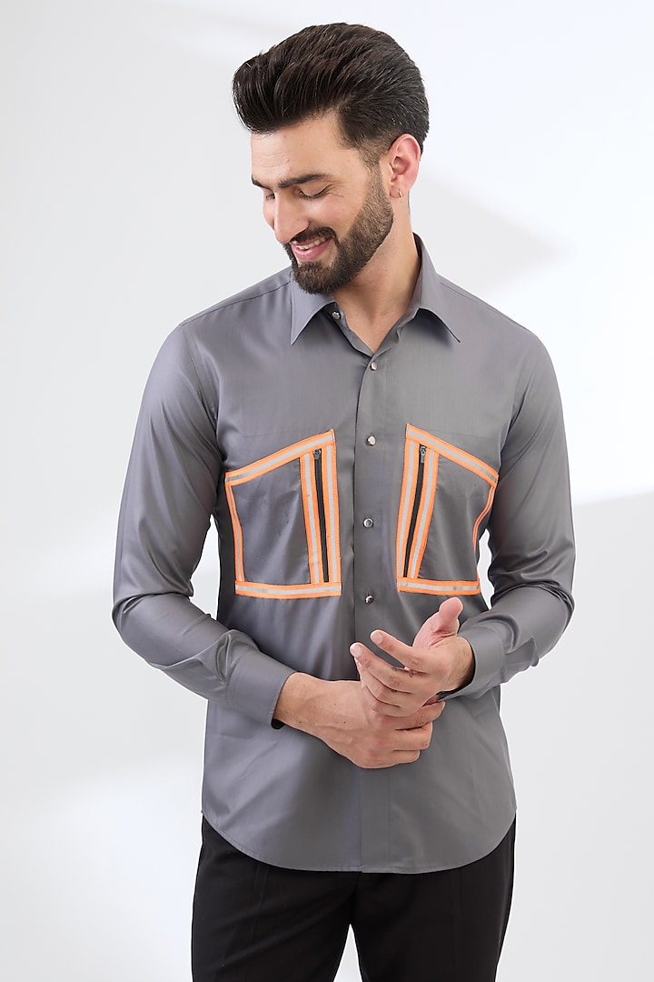 Grey Satin Viscose Shirt by Label Mukund Taneja