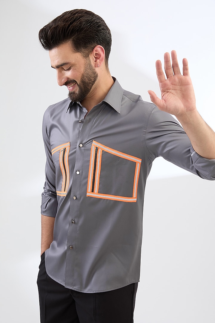 Grey Satin Viscose Shirt by Label Mukund Taneja at Pernia's Pop Up Shop