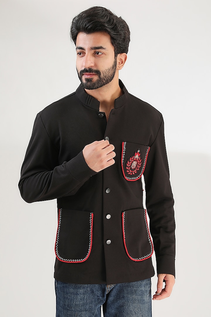 Black Cotton Lycra Embroidered Shirt by Label Mukund Taneja