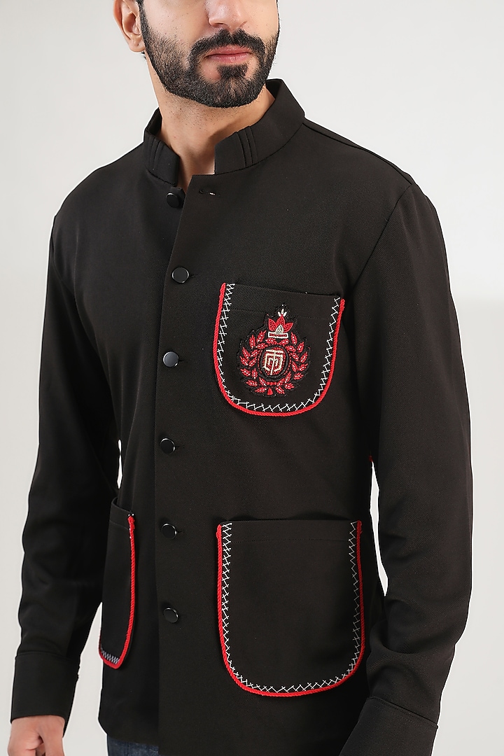 Black Cotton Lycra Embroidered Wedding Shirt by Label Mukund Taneja at Pernia's Pop Up Shop