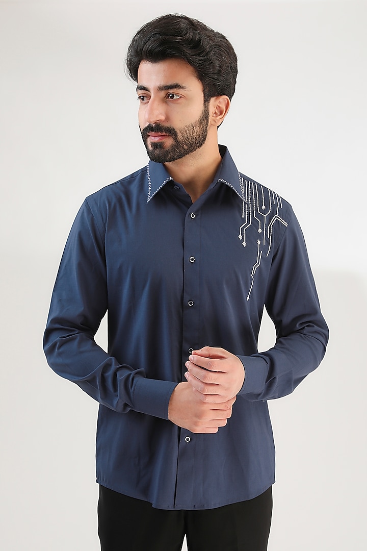 Blue Turkish Cotton Machine Embroidered Shirt by Label Mukund Taneja at Pernia's Pop Up Shop