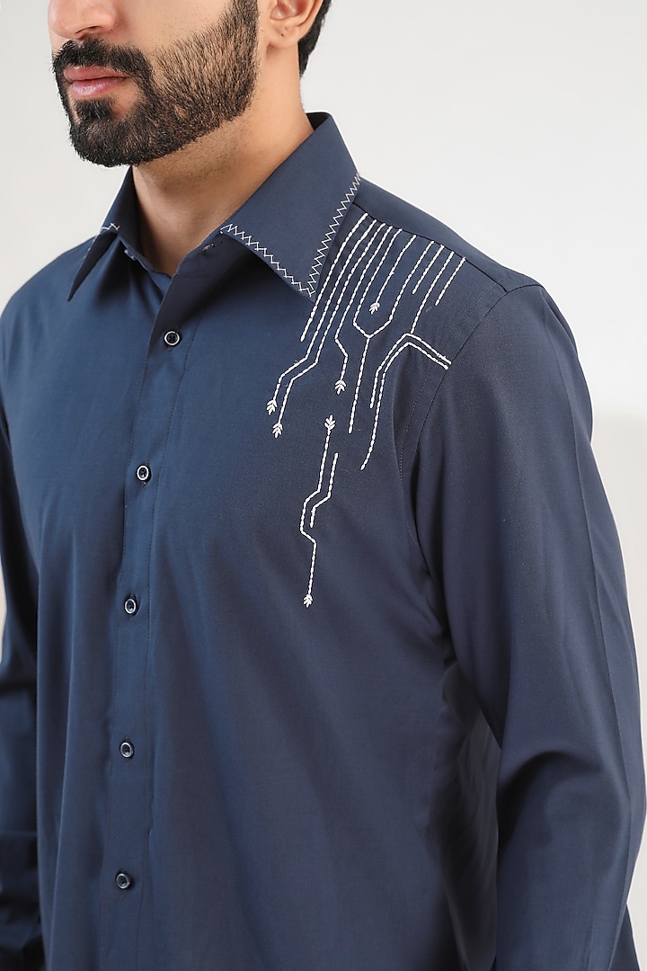 Blue Turkish Cotton Machine Embroidered Party Wear Shirt by Label Mukund Taneja at Pernia's Pop Up Shop