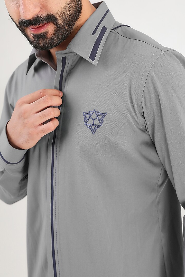 Grey Turkish Cotton Machine Embroidered Party Wear Shirt by Label Mukund Taneja at Pernia's Pop Up Shop
