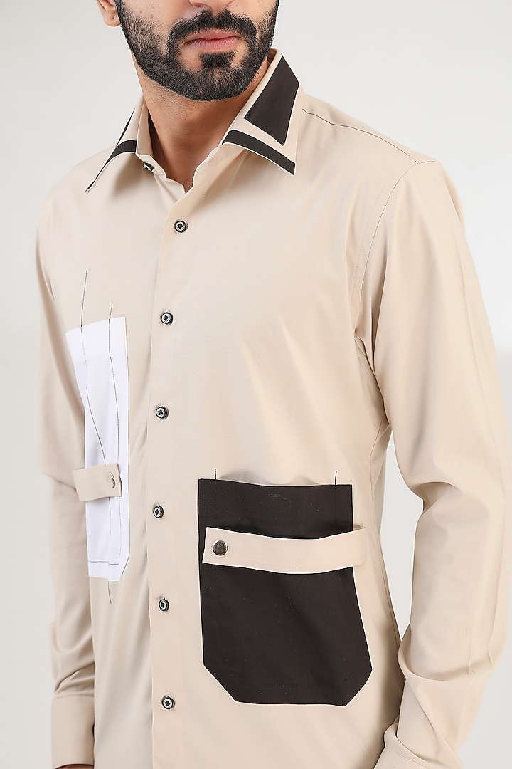 Beige Turkish Cotton Patchwork Party Wear Shirt by Label Mukund Taneja at Pernia's Pop Up Shop