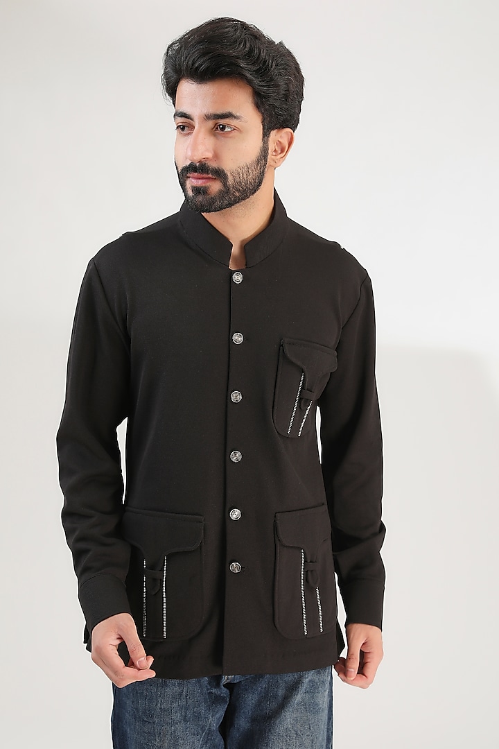 Black Cotton Lycra Shirt by Label Mukund Taneja