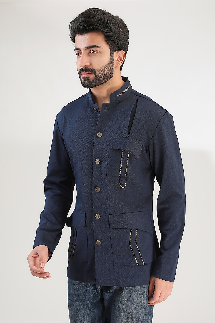 Blue Cotton Lycra Shirt by Label Mukund Taneja