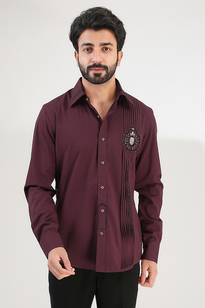 Maroon Turkish Cotton Embroidered Shirt by Label Mukund Taneja at Pernia's Pop Up Shop