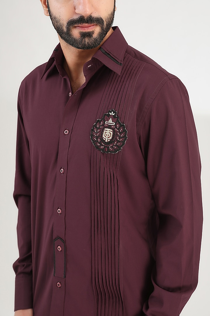 Maroon Turkish Cotton Embroidered Party Wear Shirt by Label Mukund Taneja at Pernia's Pop Up Shop