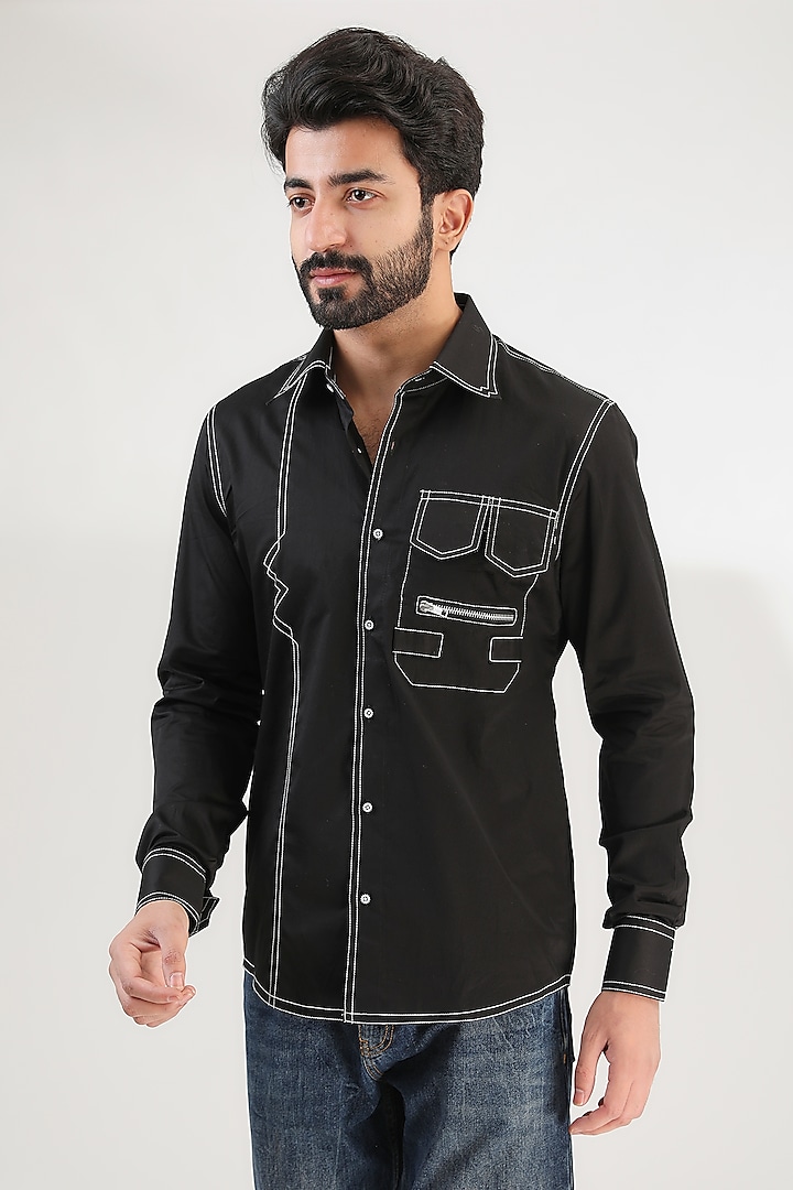 Black Cotton Embroidered Shirt by Label Mukund Taneja at Pernia's Pop Up Shop