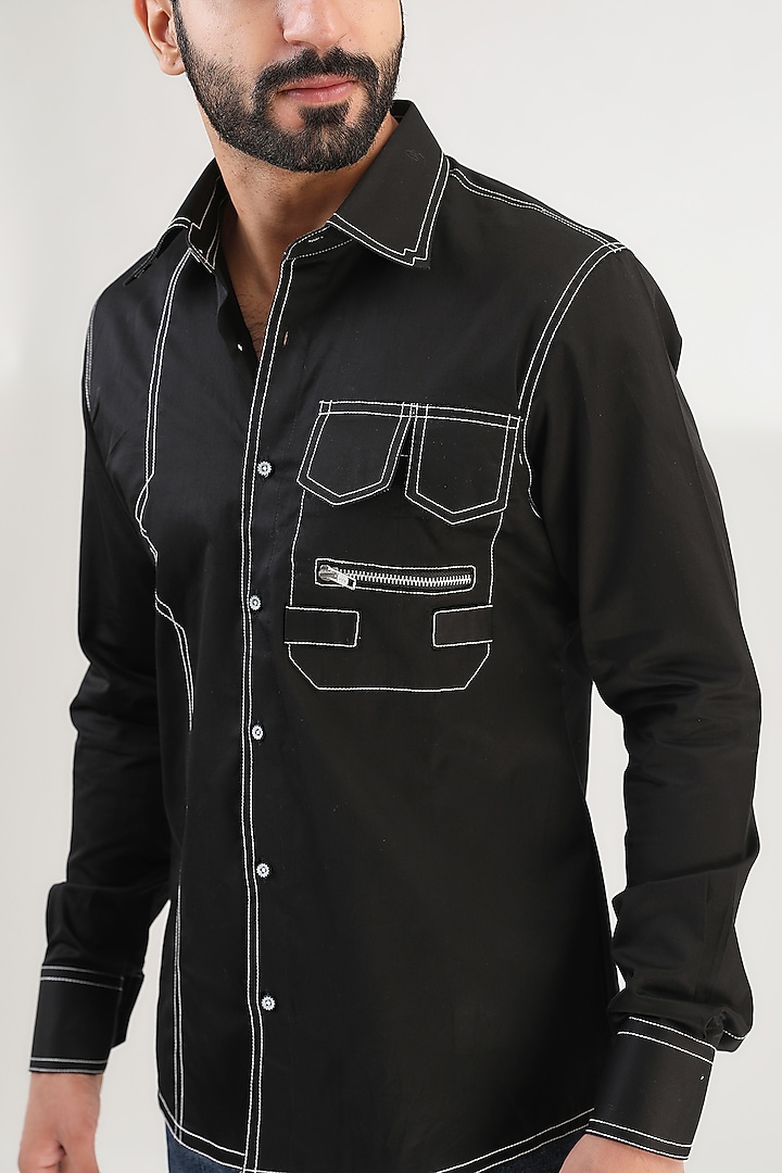 Black Cotton Embroidered Party Wear Shirt by Label Mukund Taneja at Pernia's Pop Up Shop