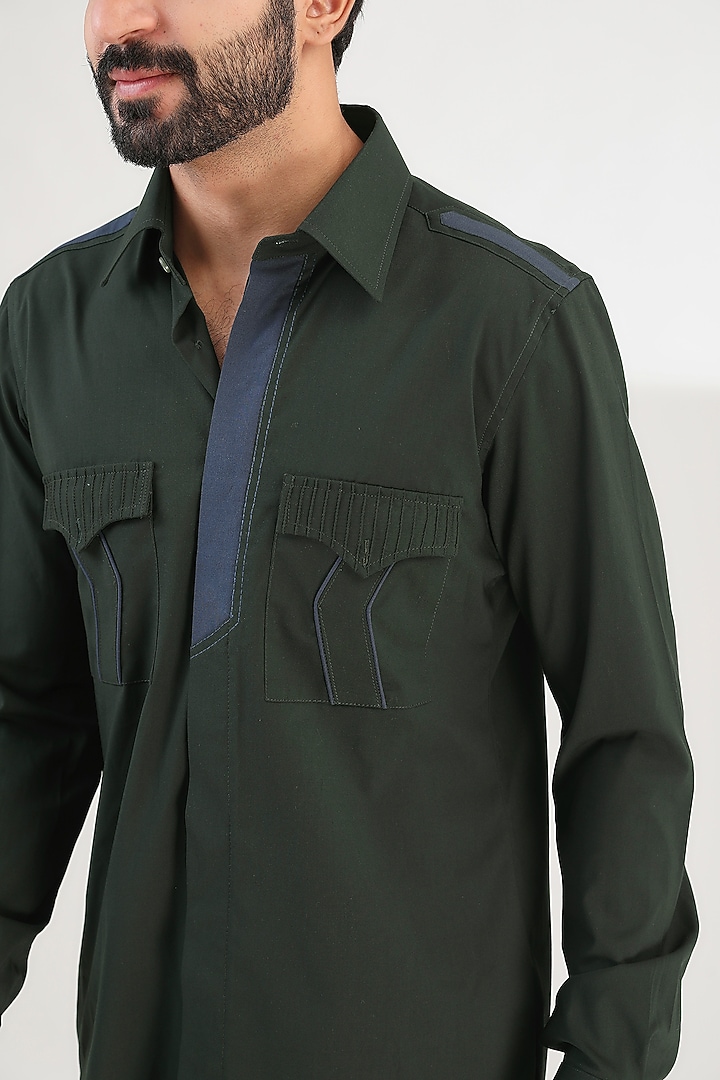 Green Turkish Cotton Party Wear Shirt by Label Mukund Taneja at Pernia's Pop Up Shop