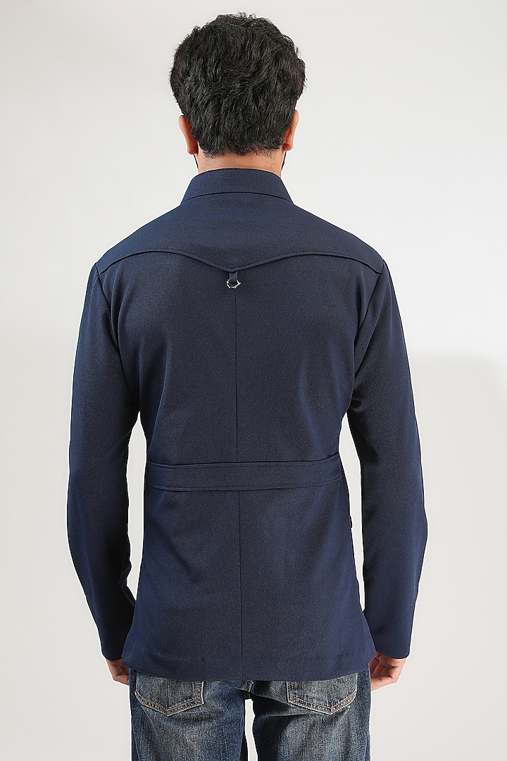 Blue Cotton Lycra Hand Embroidered Wedding Shirt by Label Mukund Taneja at Pernia's Pop Up Shop