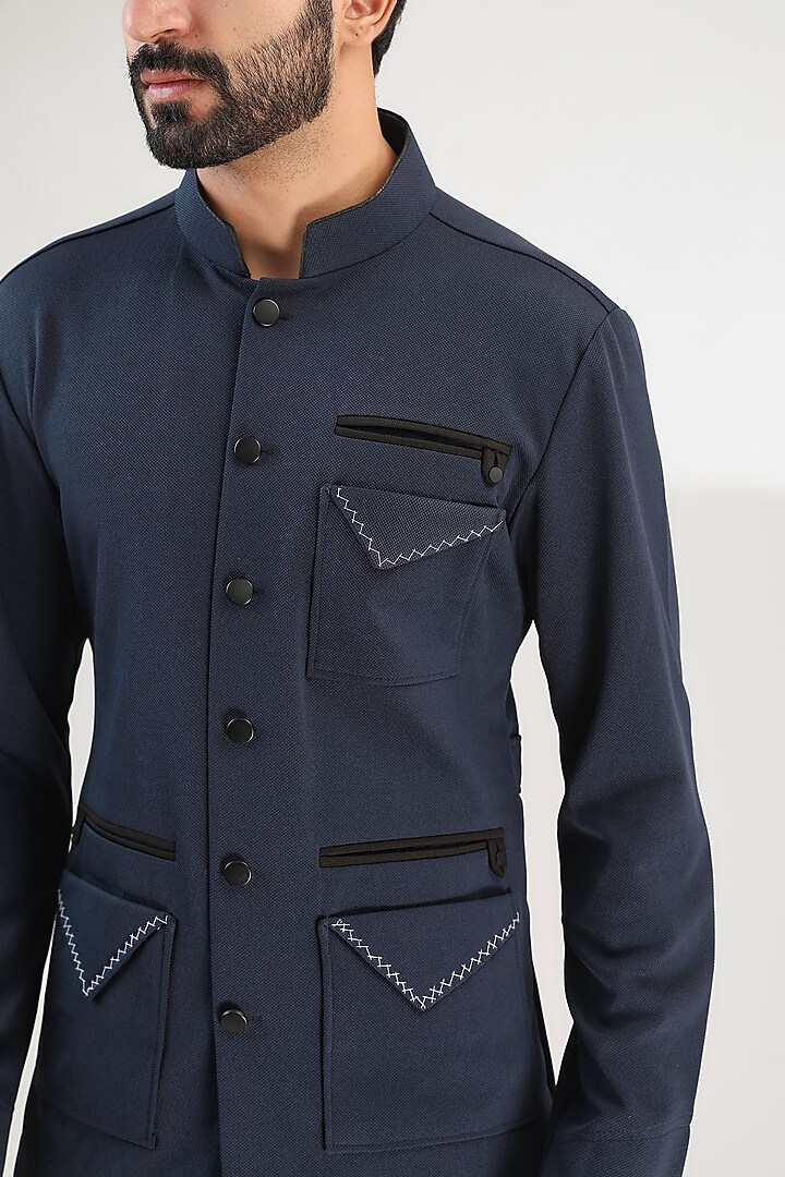 Blue Cotton Lycra Hand Embroidered Wedding Shirt by Label Mukund Taneja at Pernia's Pop Up Shop