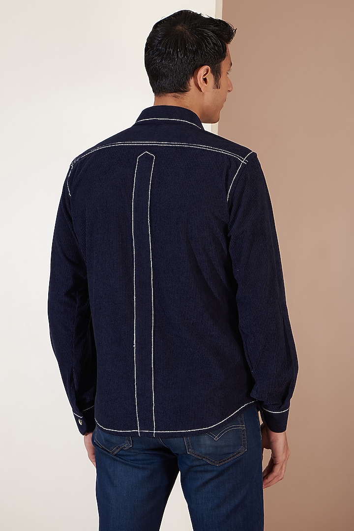 Navy Blue Italian Corduroy Embroidered Jacket by Label Mukund Taneja at Pernia's Pop Up Shop