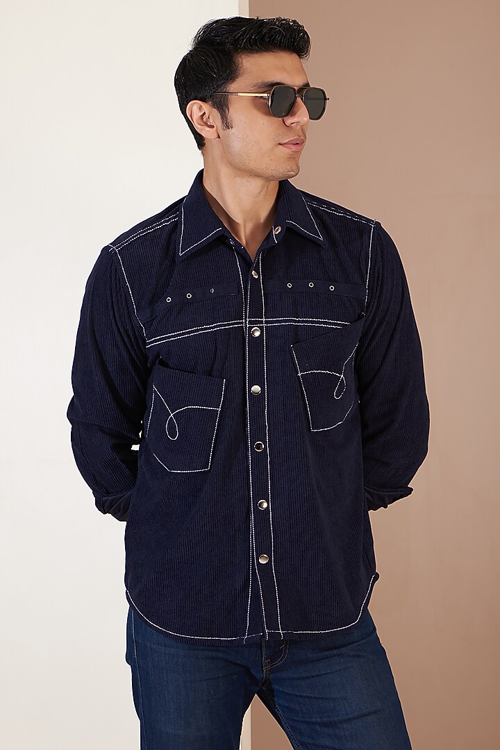 Navy Blue Italian Corduroy Embroidered Jacket by Label Mukund Taneja at Pernia's Pop Up Shop