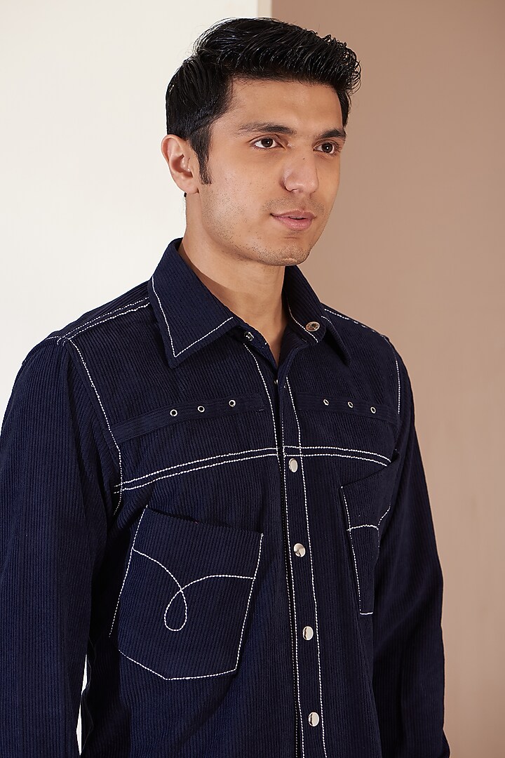 Navy Blue Italian Corduroy Embroidered Jacket by Label Mukund Taneja at Pernia's Pop Up Shop