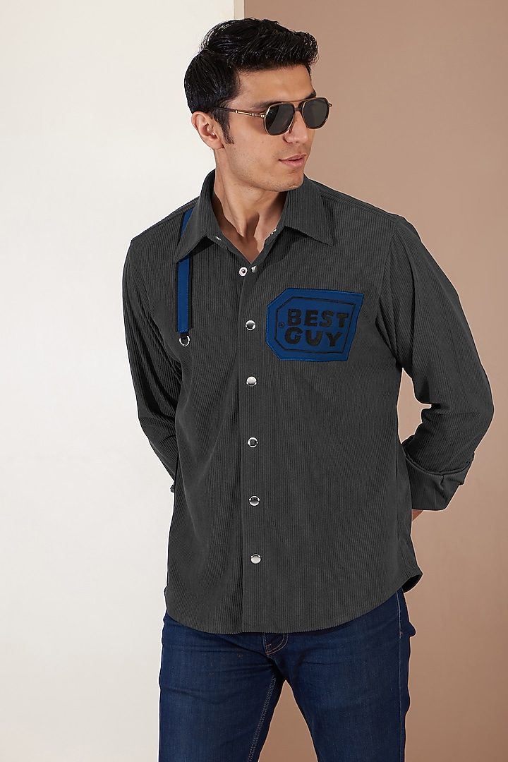 Grey Italian Corduroy Embroidered Jacket by Label Mukund Taneja at Pernia's Pop Up Shop
