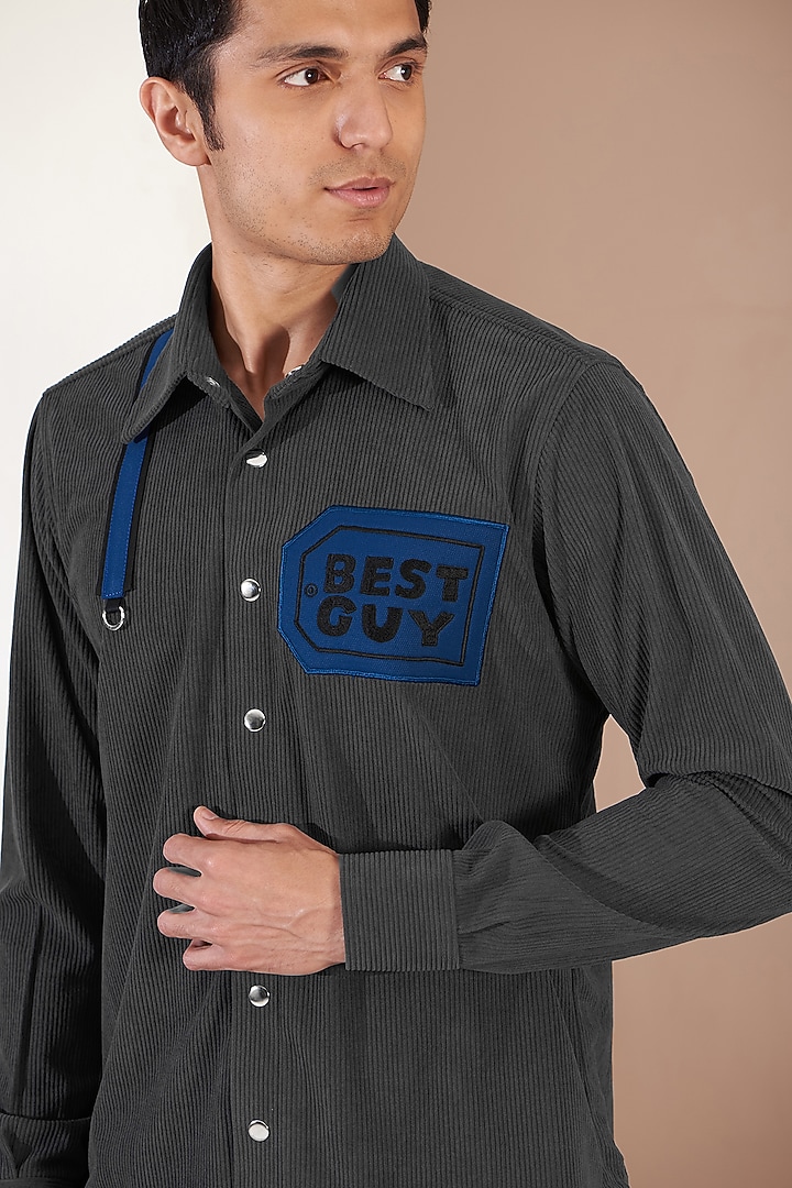 Grey Italian Corduroy Embroidered Jacket by Label Mukund Taneja at Pernia's Pop Up Shop