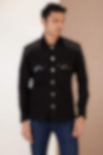 Black Suede Leather Patchwork Jacket by Label Mukund Taneja