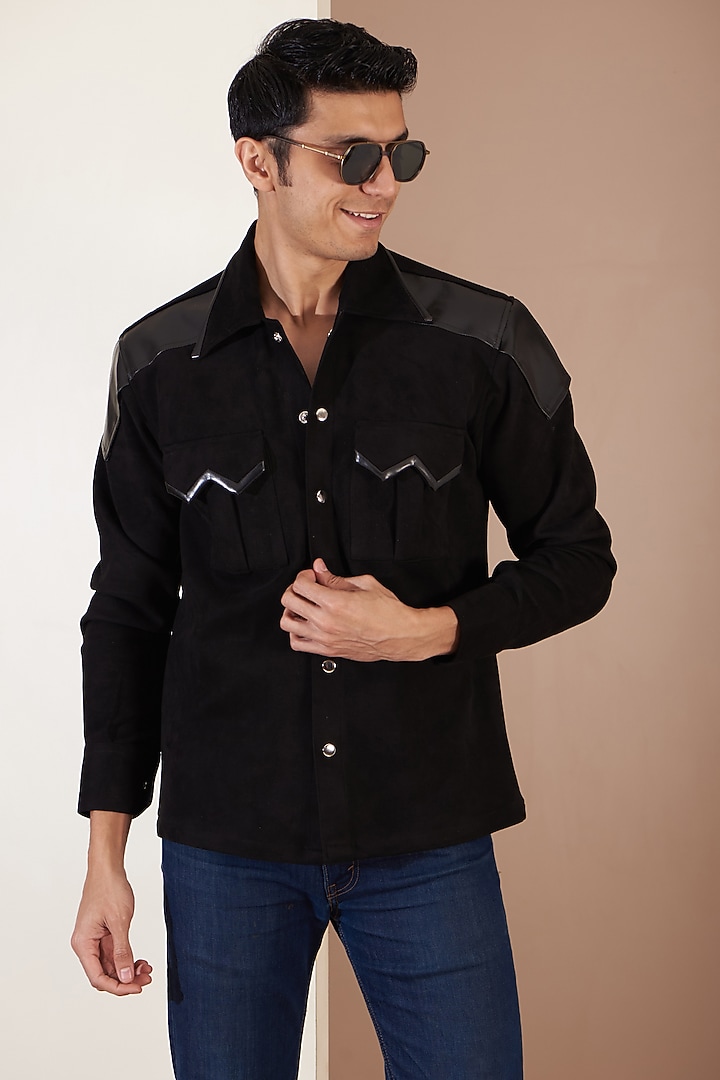 Black Suede Leather Patchwork Jacket by Label Mukund Taneja at Pernia's Pop Up Shop