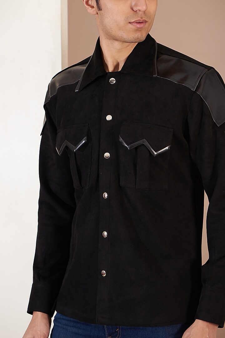 Black Suede Leather Patchwork Jacket by Label Mukund Taneja at Pernia's Pop Up Shop