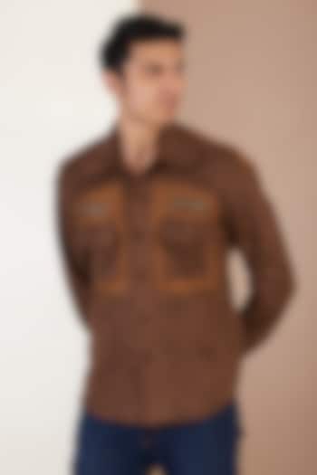 Brown Suede Leather Patchwork Jacket by Label Mukund Taneja