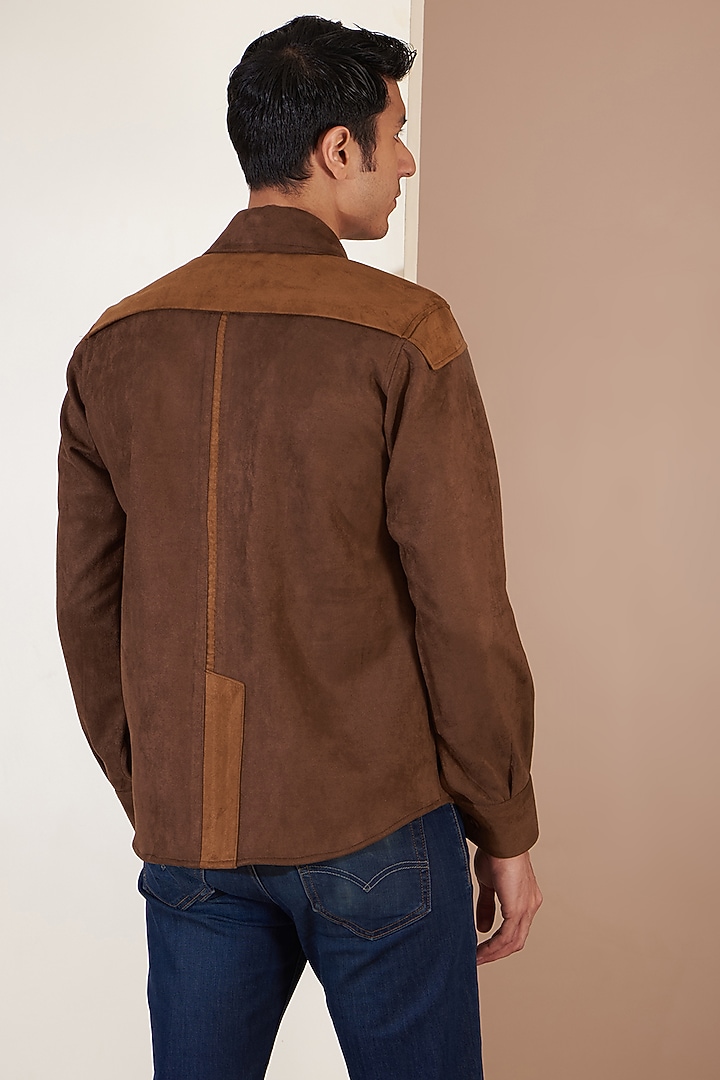 Brown Suede Leather Patchwork Jacket by Label Mukund Taneja at Pernia's Pop Up Shop