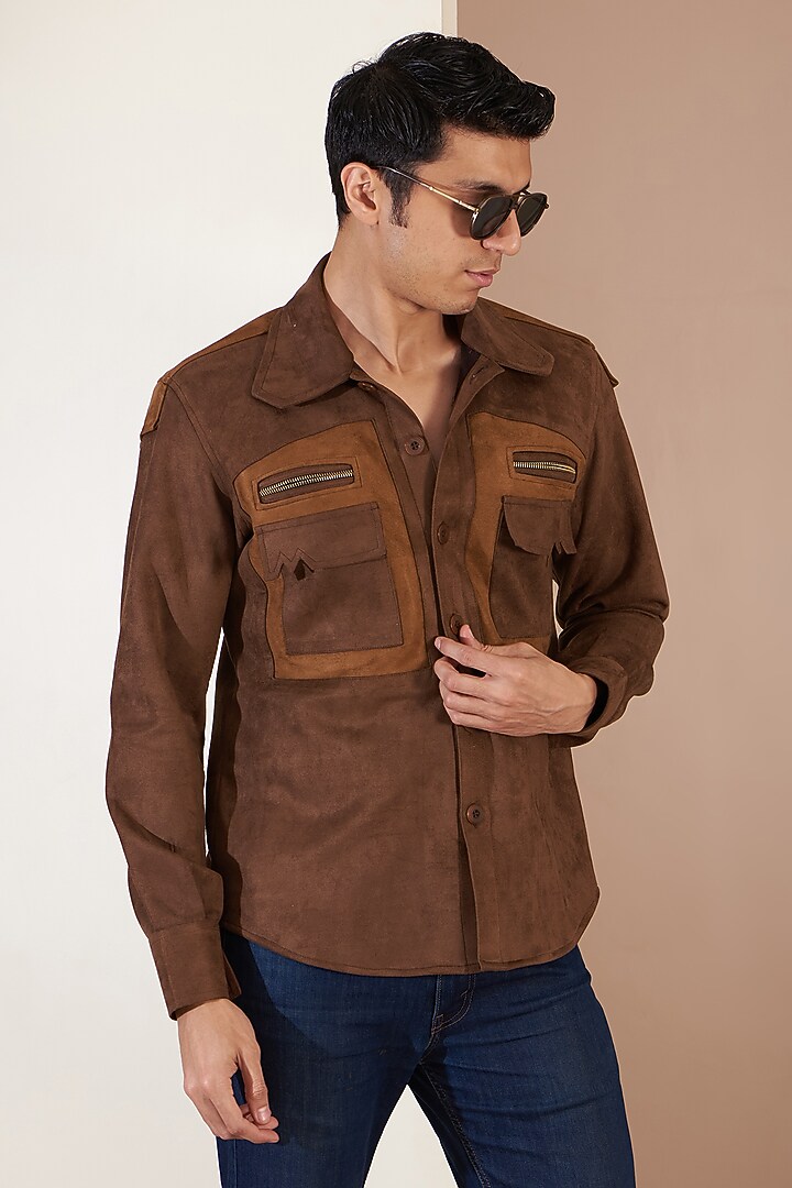 Brown Suede Leather Patchwork Jacket by Label Mukund Taneja at Pernia's Pop Up Shop