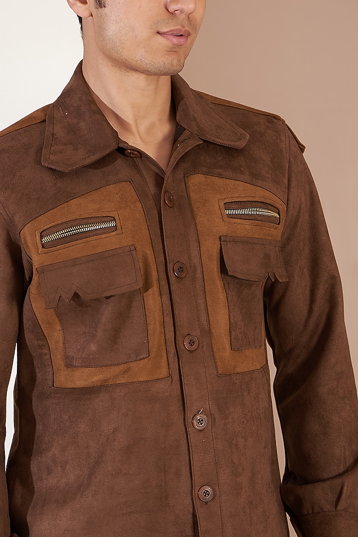 Brown Suede Leather Patchwork Jacket by Label Mukund Taneja at Pernia's Pop Up Shop