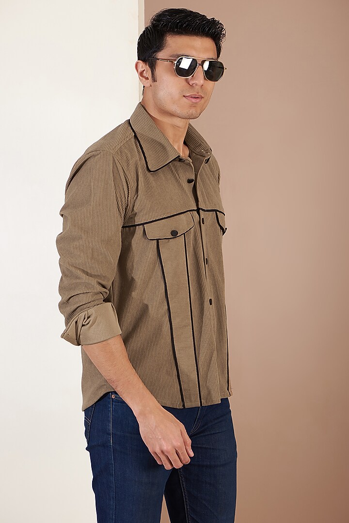 Beige Italian Corduroy Embroidered Jacket by Label Mukund Taneja at Pernia's Pop Up Shop