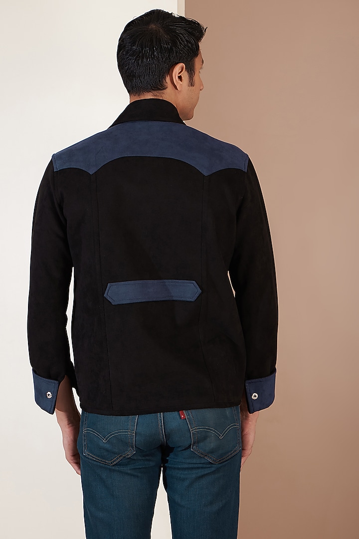 Black Suede Leather Patchwork Jacket by Label Mukund Taneja at Pernia's Pop Up Shop