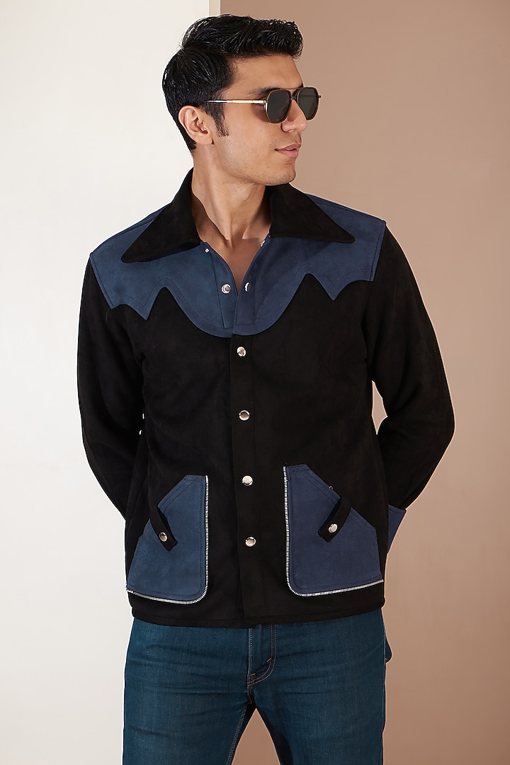 Black Suede Leather Patchwork Jacket by Label Mukund Taneja at Pernia's Pop Up Shop