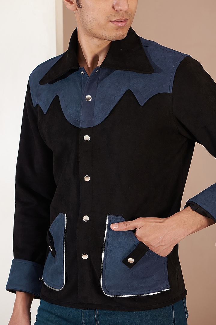 Black Suede Leather Patchwork Jacket by Label Mukund Taneja at Pernia's Pop Up Shop