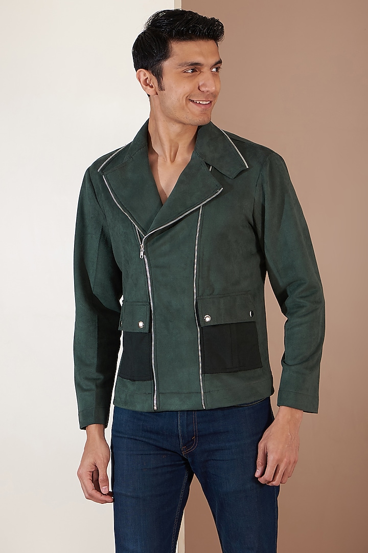 Green Suede Patchwork Zippered Jacket by Label Mukund Taneja