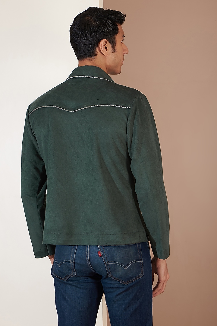 Green Suede Patchwork Zippered Jacket by Label Mukund Taneja at Pernia's Pop Up Shop