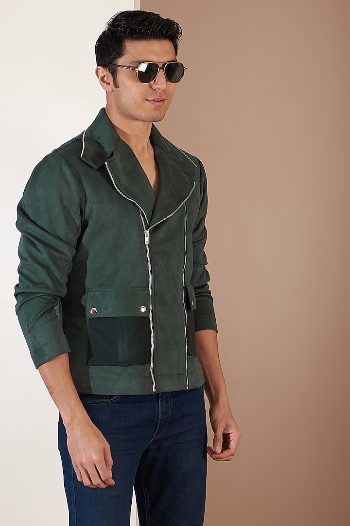 Green Suede Patchwork Zippered Jacket by Label Mukund Taneja at Pernia's Pop Up Shop
