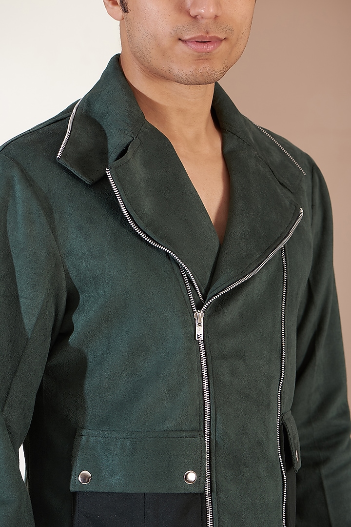 Green Suede Patchwork Zippered Jacket by Label Mukund Taneja at Pernia's Pop Up Shop