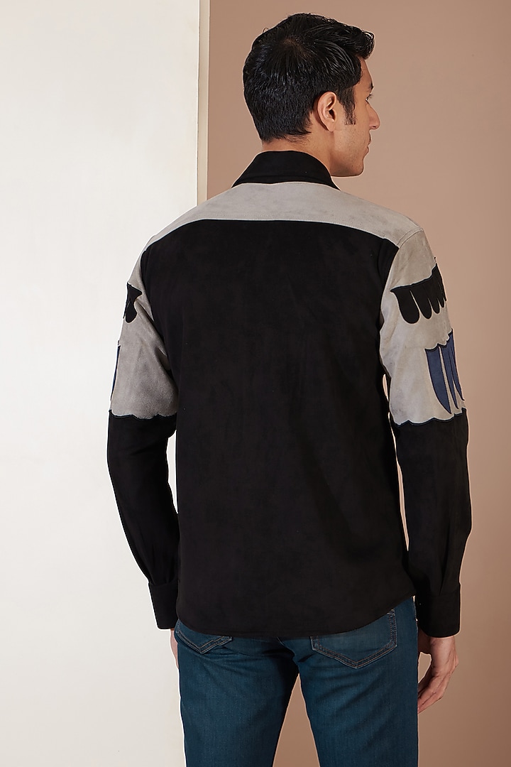 Black Suede Patchwork Jacket by Label Mukund Taneja at Pernia's Pop Up Shop
