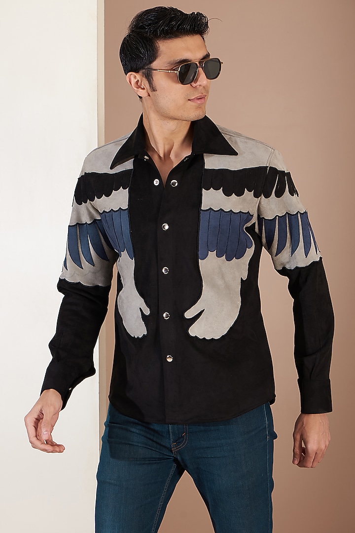 Black Suede Patchwork Jacket by Label Mukund Taneja at Pernia's Pop Up Shop