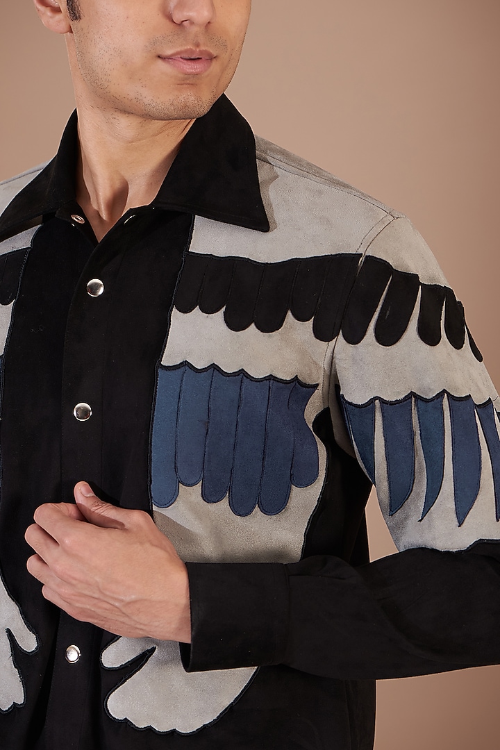 Black Suede Patchwork Jacket by Label Mukund Taneja at Pernia's Pop Up Shop