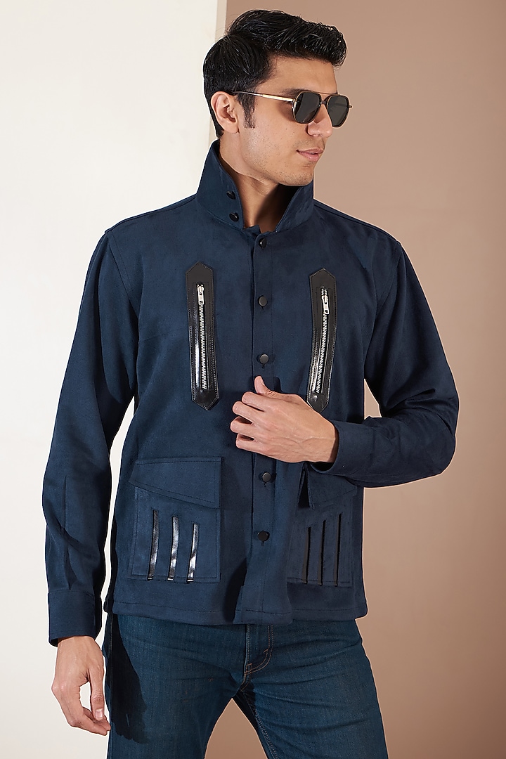 Blue Suede Leather Patchwork Jacket by Label Mukund Taneja at Pernia's Pop Up Shop