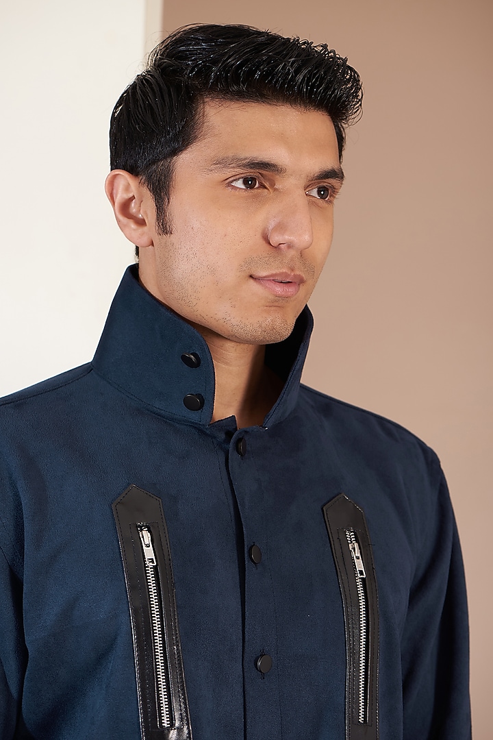 Blue Suede Leather Patchwork Jacket by Label Mukund Taneja at Pernia's Pop Up Shop