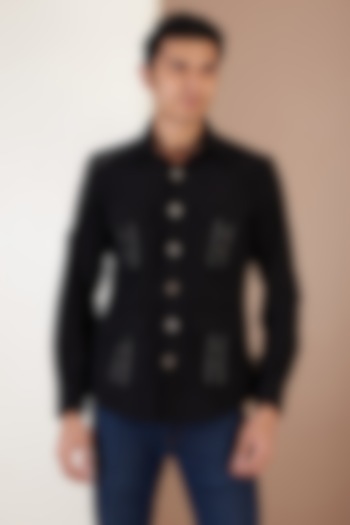 Black Italian Corduroy Zippered Jacket by Label Mukund Taneja at Pernia's Pop Up Shop