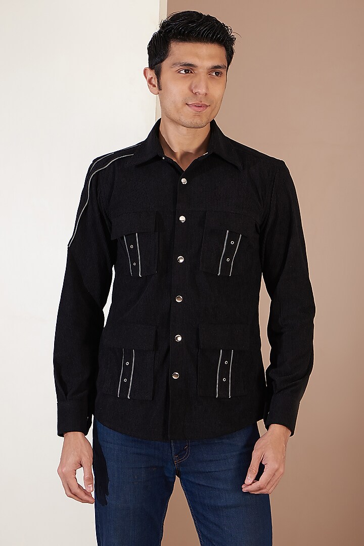 Black Italian Corduroy Zippered Jacket by Label Mukund Taneja at Pernia's Pop Up Shop
