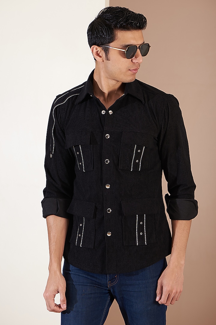 Black Italian Corduroy Zippered Jacket by Label Mukund Taneja at Pernia's Pop Up Shop